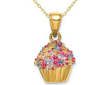 14K Yellow Gold Cupcake Charm Pendant Necklace with Colored Bead Icing and Chain